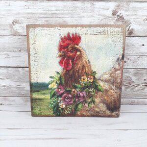 Wood Box Sign Rooster Flower Wreath Tabletop Wall Farmhouse